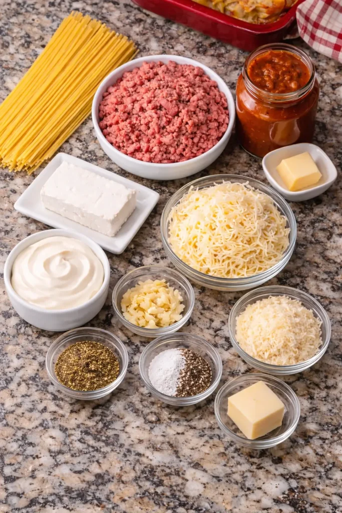 Delicious Baked Cream Cheese Spaghetti casserole with layers and creamy cheese sauce.