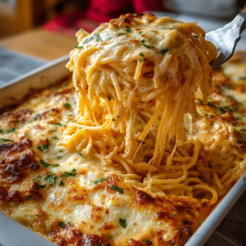 Delicious Baked Cream Cheese Spaghetti casserole with layers and creamy cheese sauce.