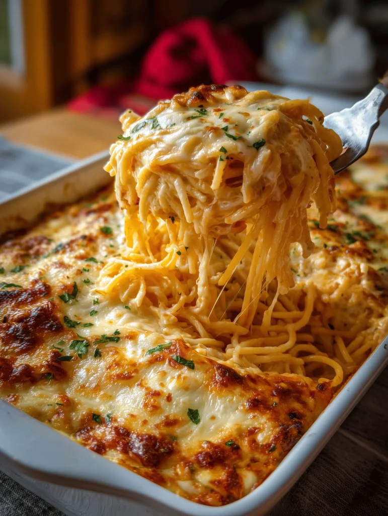 Delicious Baked Cream Cheese Spaghetti casserole with layers and creamy cheese sauce.