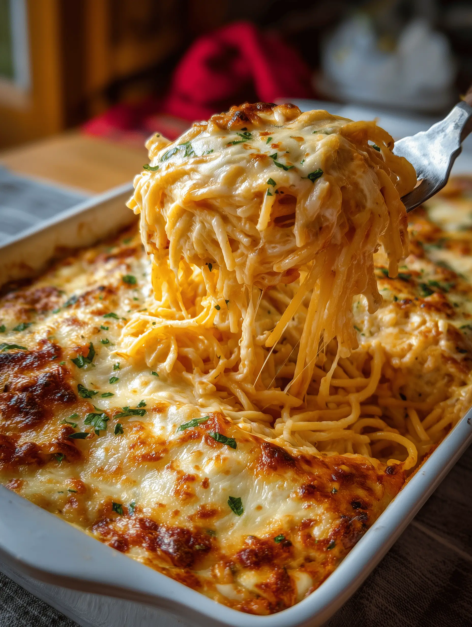 Delicious Baked Cream Cheese Spaghetti casserole with layers and creamy cheese sauce.