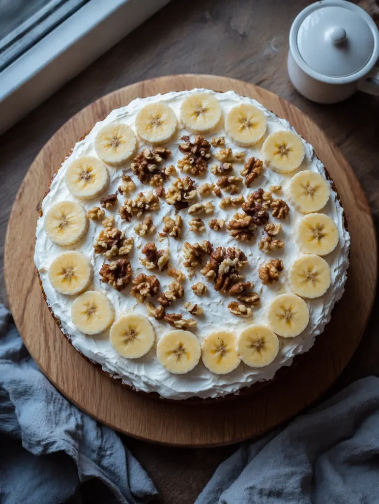 Heavenly Banana Walnut Cream Cake with cream cheese frosting and walnut topping.