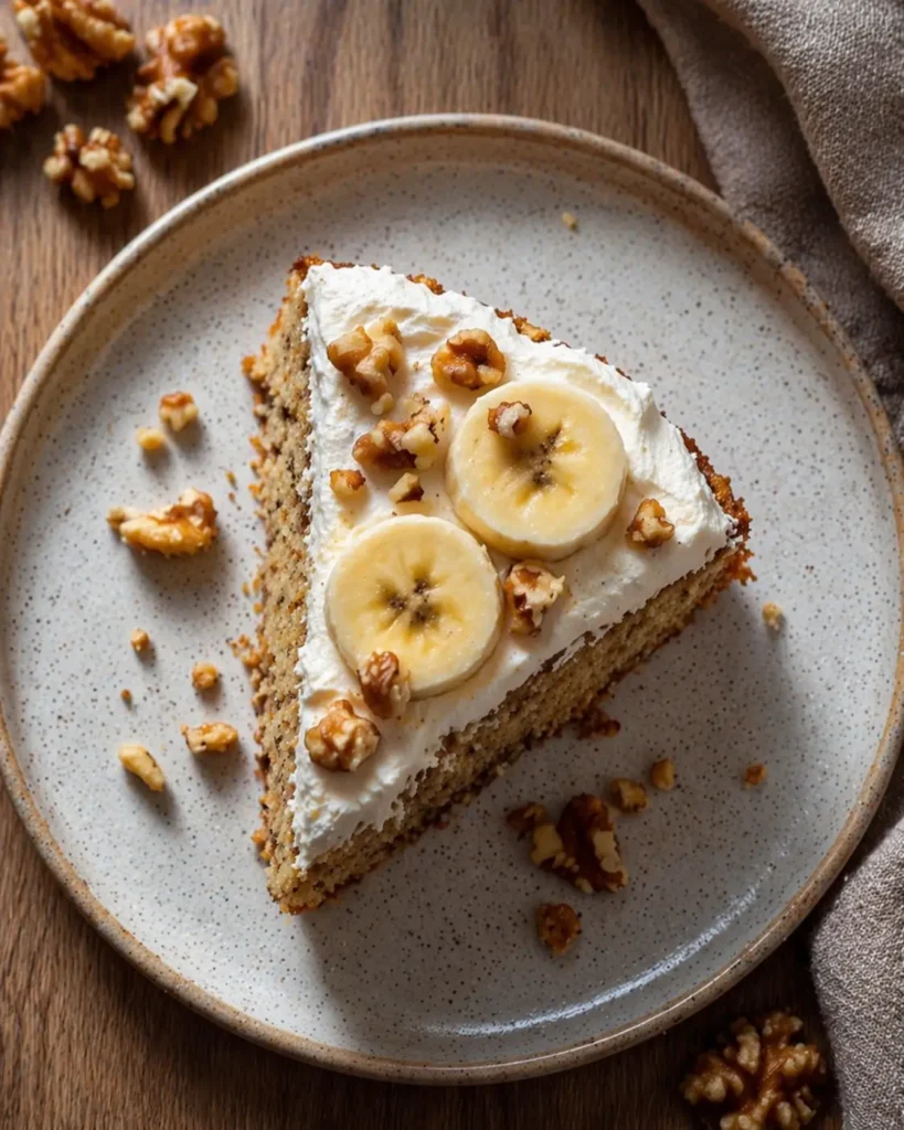 Heavenly Banana Walnut Cream Cake with cream cheese frosting and walnut topping.