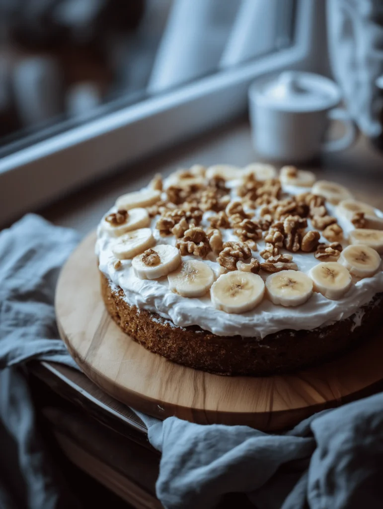 Heavenly Banana Walnut Cream Cake with cream cheese frosting and walnut topping.