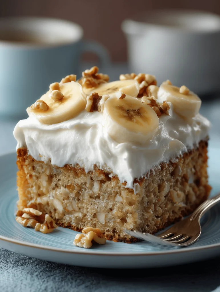 Heavenly Banana Walnut Cream Cake with cream cheese frosting and walnut topping.