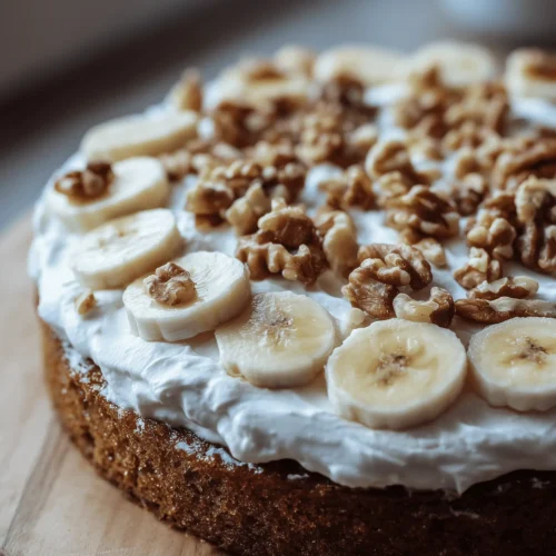 Heavenly Banana Walnut Cream Cake with cream cheese frosting and walnut topping.