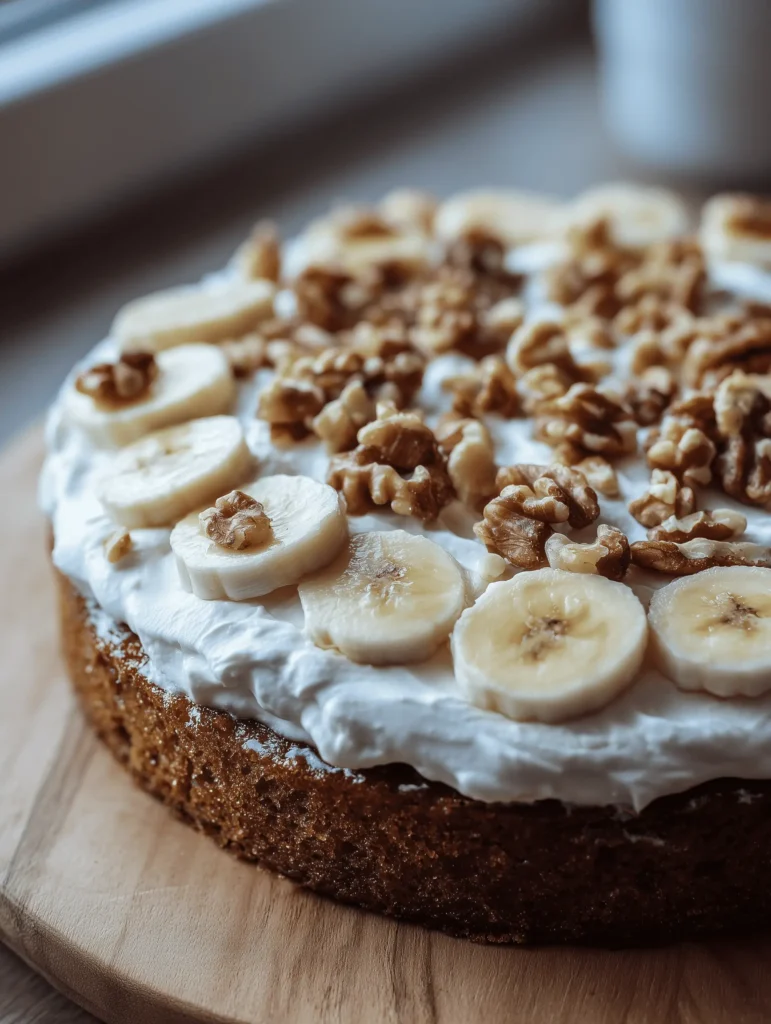 Heavenly Banana Walnut Cream Cake with cream cheese frosting and walnut topping.