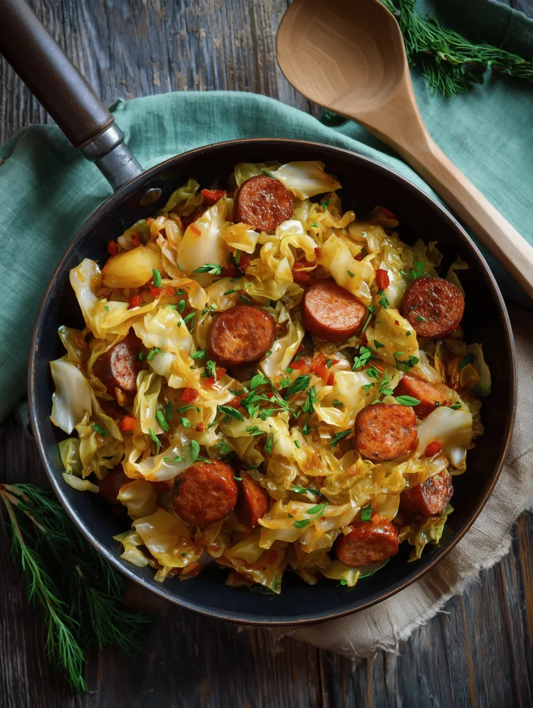 Cabbage and Sausage skillet recipe with smoky sausage, tender cabbage, and onions served on a plate.