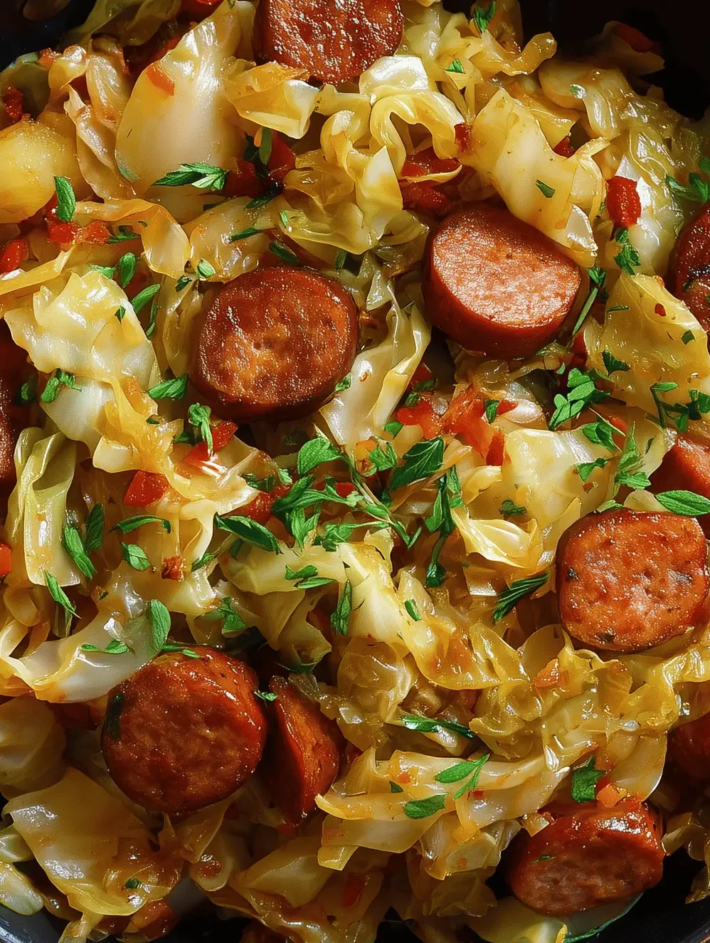 Cabbage and Sausage skillet recipe with smoky sausage, tender cabbage, and onions served on a plate.