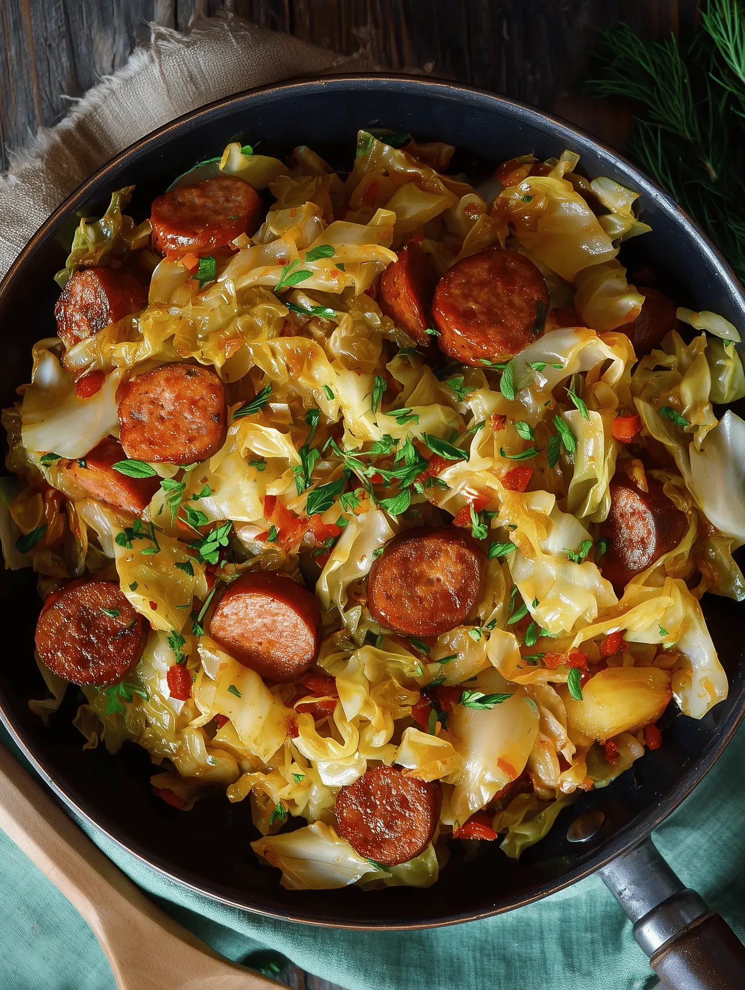 Cabbage and Sausage skillet recipe with smoky sausage, tender cabbage, and onions served on a plate.
