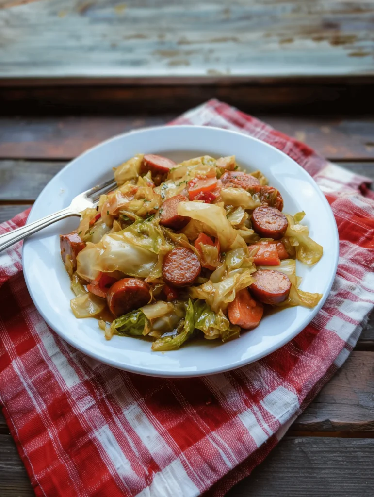 Cabbage and Sausage skillet recipe with smoky sausage, tender cabbage, and onions served on a plate.