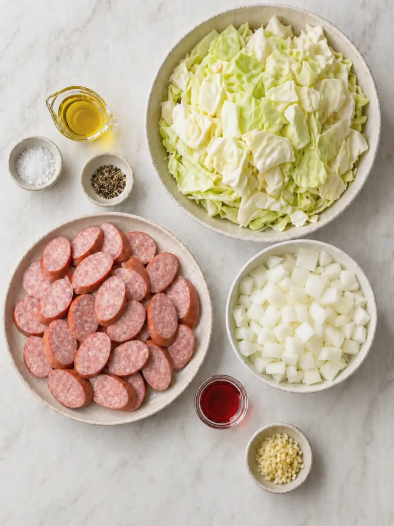 Cabbage and Sausage skillet recipe with smoky sausage, tender cabbage, and onions served on a plate.