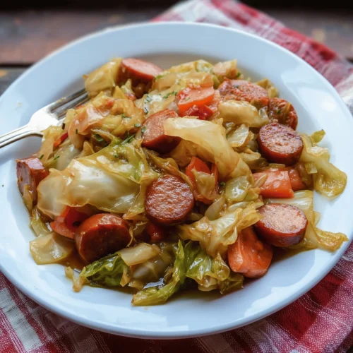 Cabbage and Sausage skillet recipe with smoky sausage, tender cabbage, and onions served on a plate.