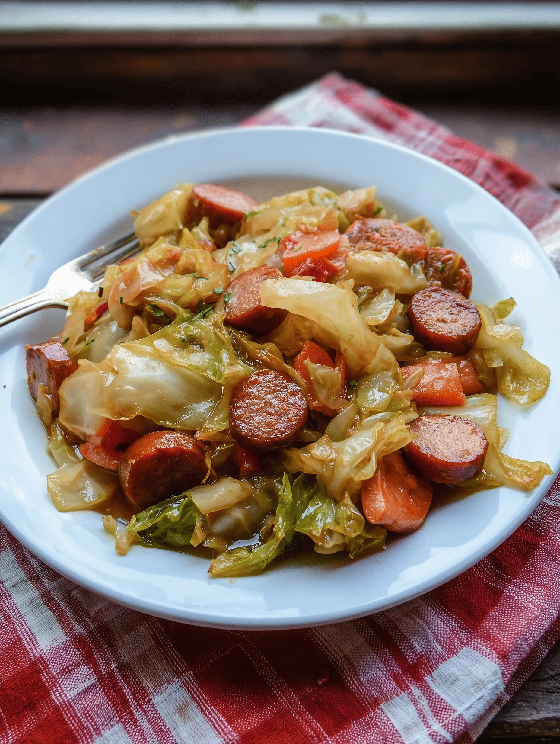 Cabbage and Sausage skillet recipe with smoky sausage, tender cabbage, and onions served on a plate.