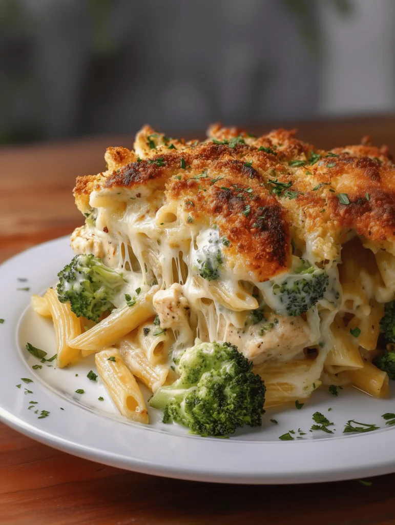 Chicken and Broccoli Alfredo Bake casserole with creamy sauce and cheese.