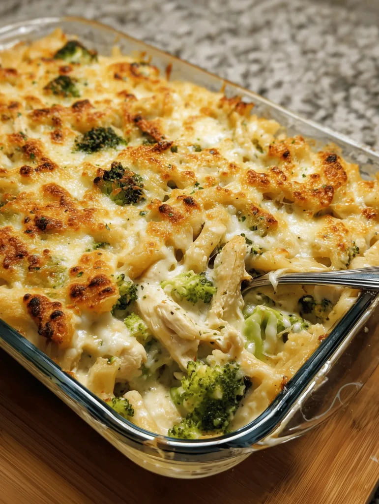 Chicken and Broccoli Alfredo Bake casserole with creamy sauce and cheese.