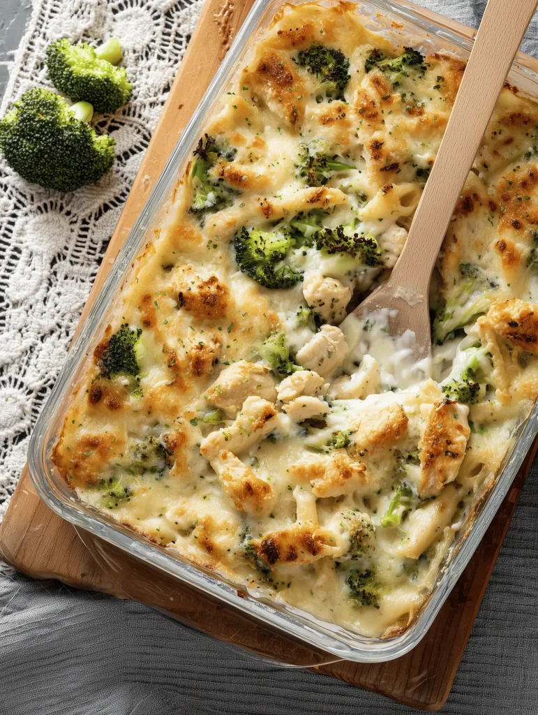 Chicken and Broccoli Alfredo Bake casserole with creamy sauce and cheese.