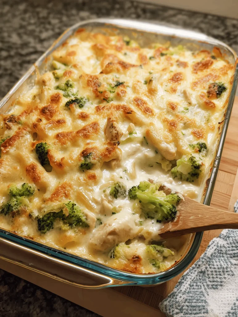 Chicken and Broccoli Alfredo Bake casserole with creamy sauce and cheese.