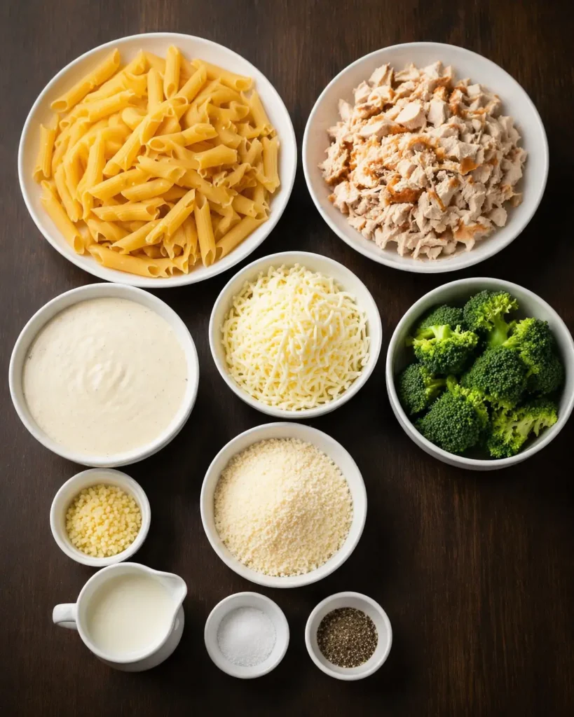 Chicken and Broccoli Alfredo Bake casserole with creamy sauce and cheese.