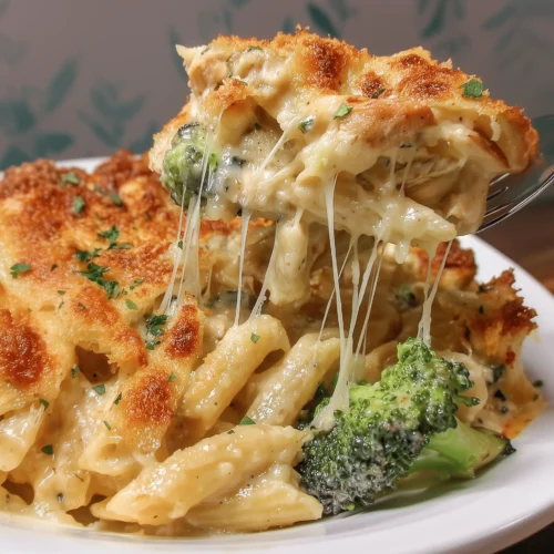 Chicken and Broccoli Alfredo Bake casserole with creamy sauce and cheese.