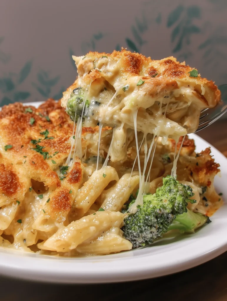 Chicken and Broccoli Alfredo Bake casserole with creamy sauce and cheese.