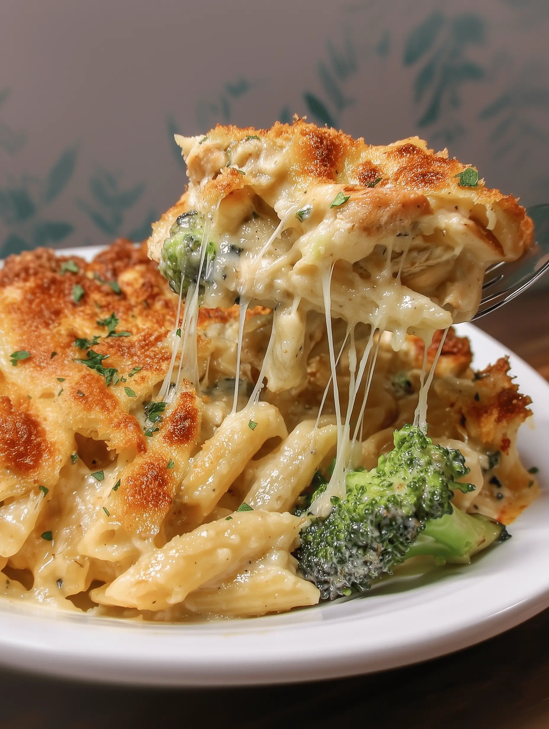 Chicken and Broccoli Alfredo Bake casserole with creamy sauce and cheese.