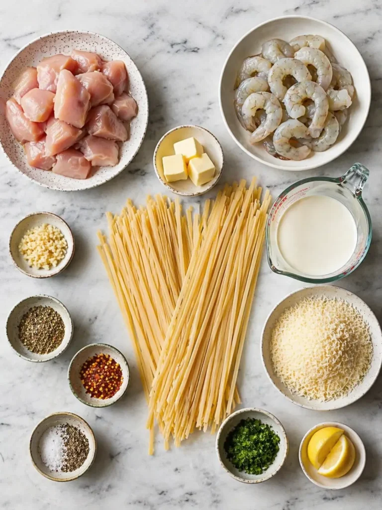 Creamy chicken and shrimp Alfredo pasta dish with a rich garlic-Parmesan sauce.