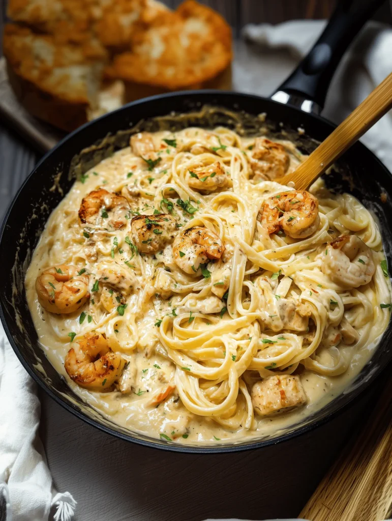 Creamy chicken and shrimp Alfredo pasta dish with a rich garlic-Parmesan sauce.
