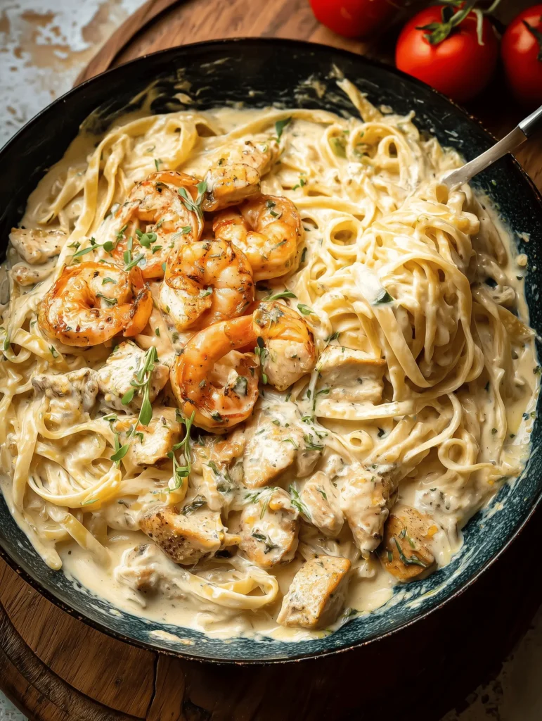 Creamy chicken and shrimp Alfredo pasta dish with a rich garlic-Parmesan sauce.