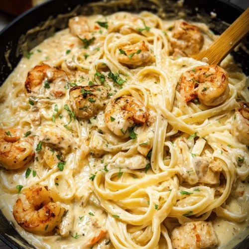 Creamy chicken and shrimp Alfredo pasta dish with a rich garlic-Parmesan sauce.