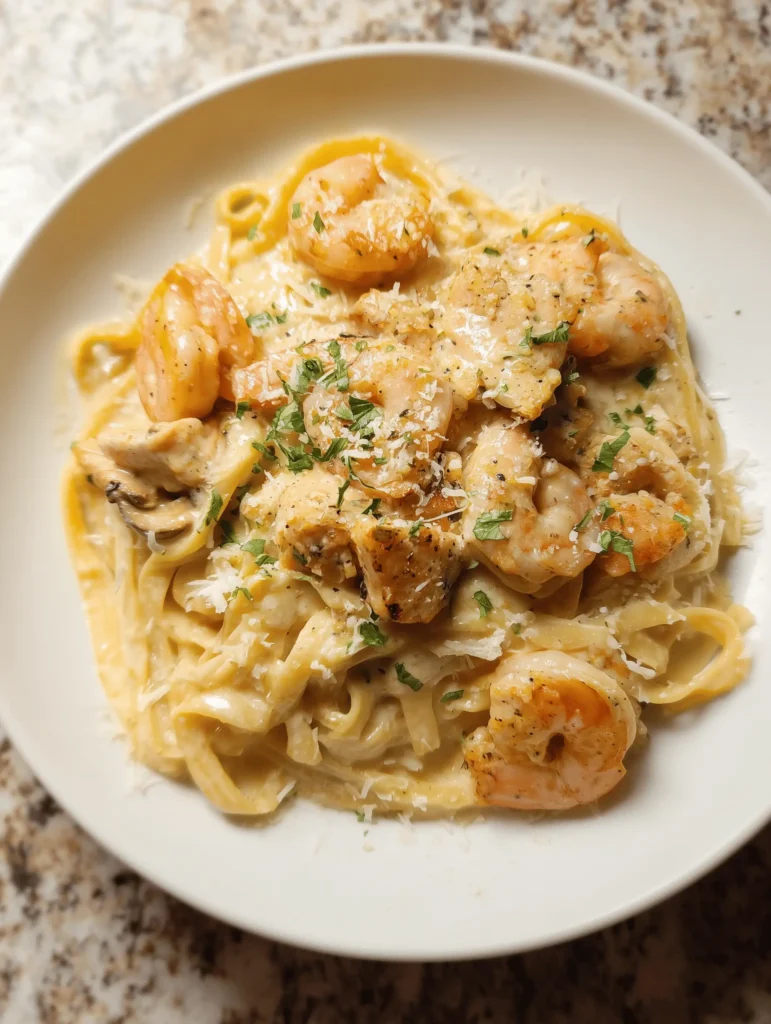 Creamy chicken and shrimp Alfredo pasta dish with a rich garlic-Parmesan sauce.