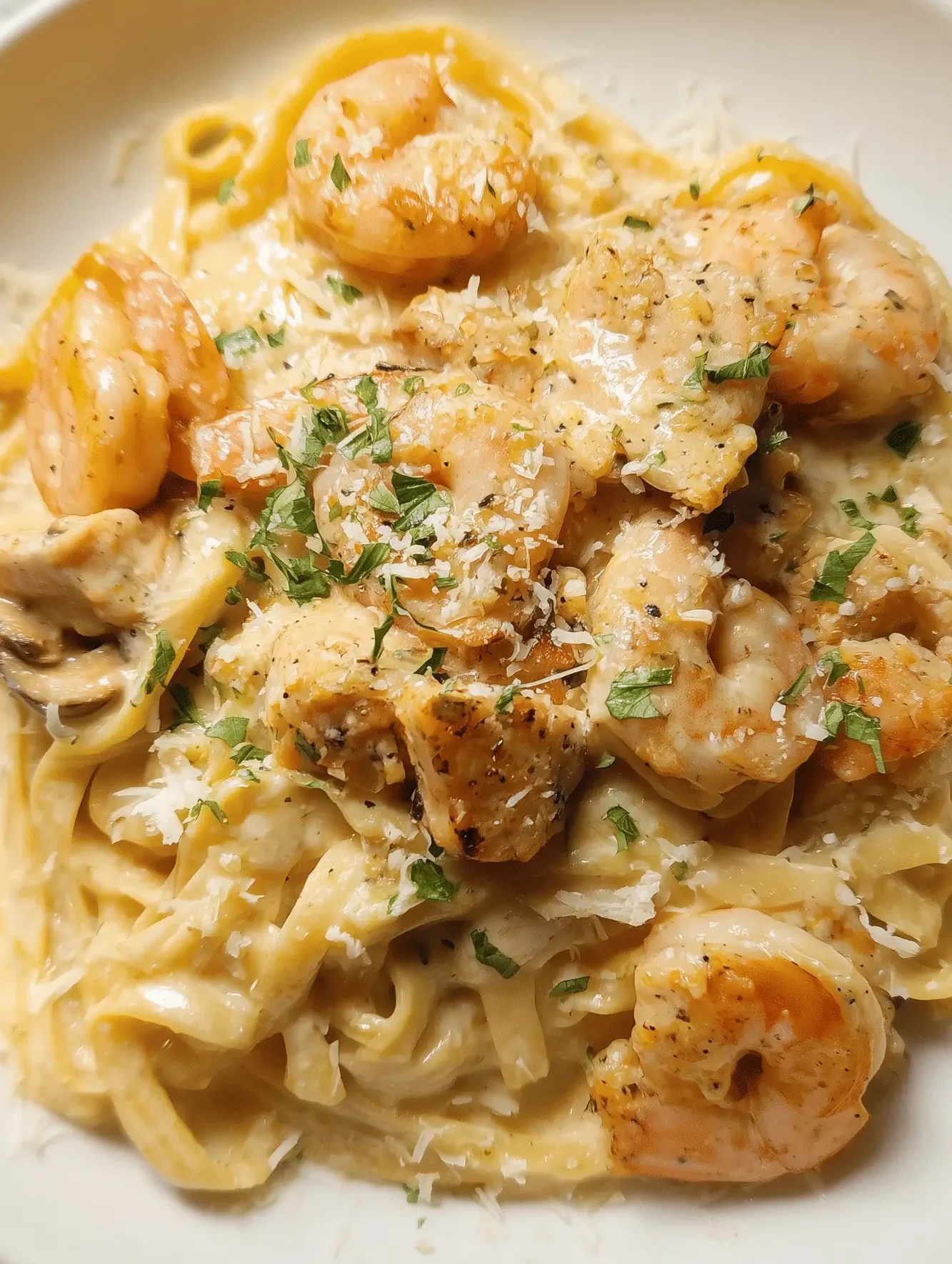Creamy chicken and shrimp Alfredo pasta dish with a rich garlic-Parmesan sauce.