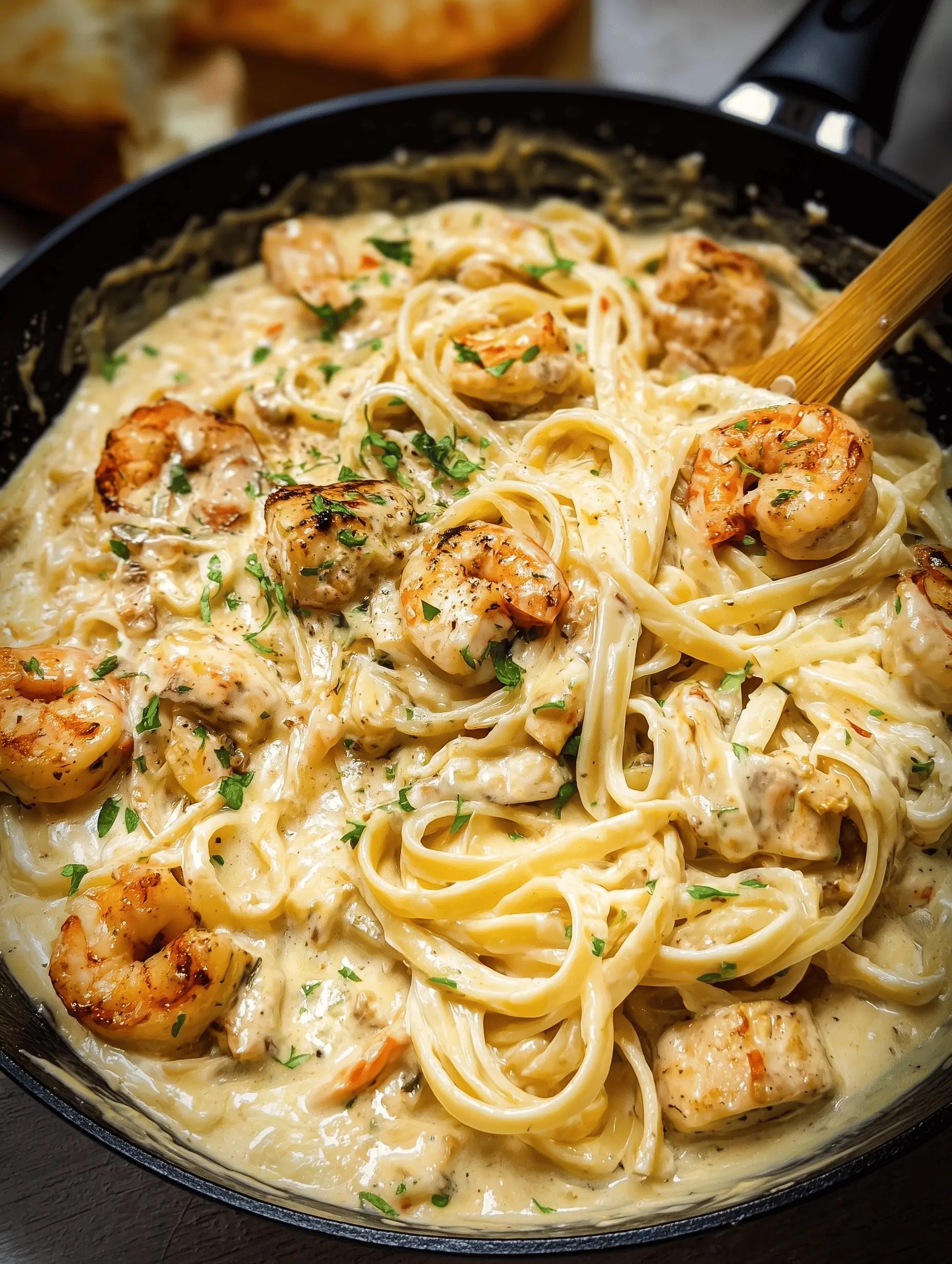 Creamy chicken and shrimp Alfredo pasta dish with a rich garlic-Parmesan sauce.