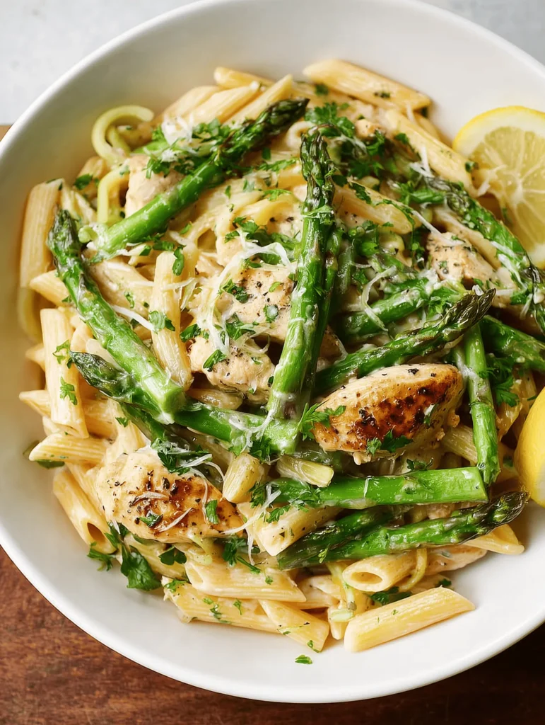 Creamy Chicken Asparagus Pasta with fresh vegetables, perfect for a quick weeknight meal.