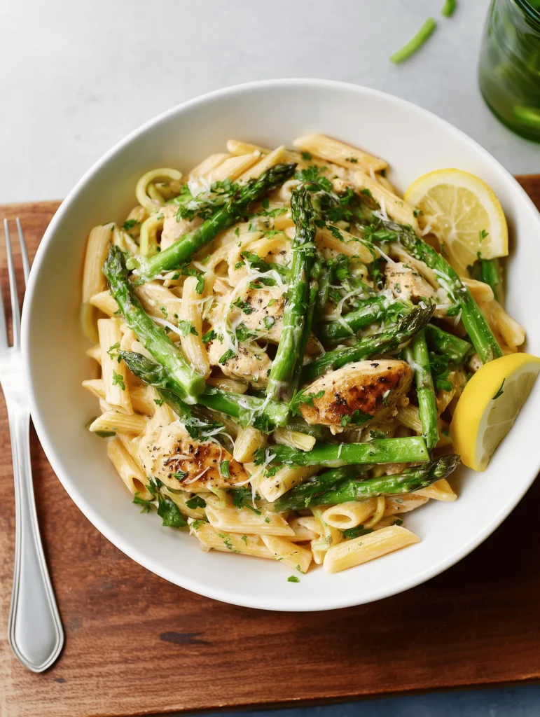 Creamy Chicken Asparagus Pasta with fresh vegetables, perfect for a quick weeknight meal.
