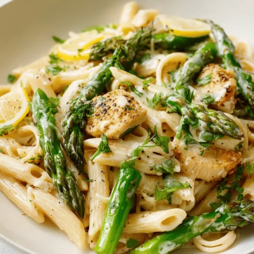Creamy Chicken Asparagus Pasta with fresh vegetables, perfect for a quick weeknight meal.