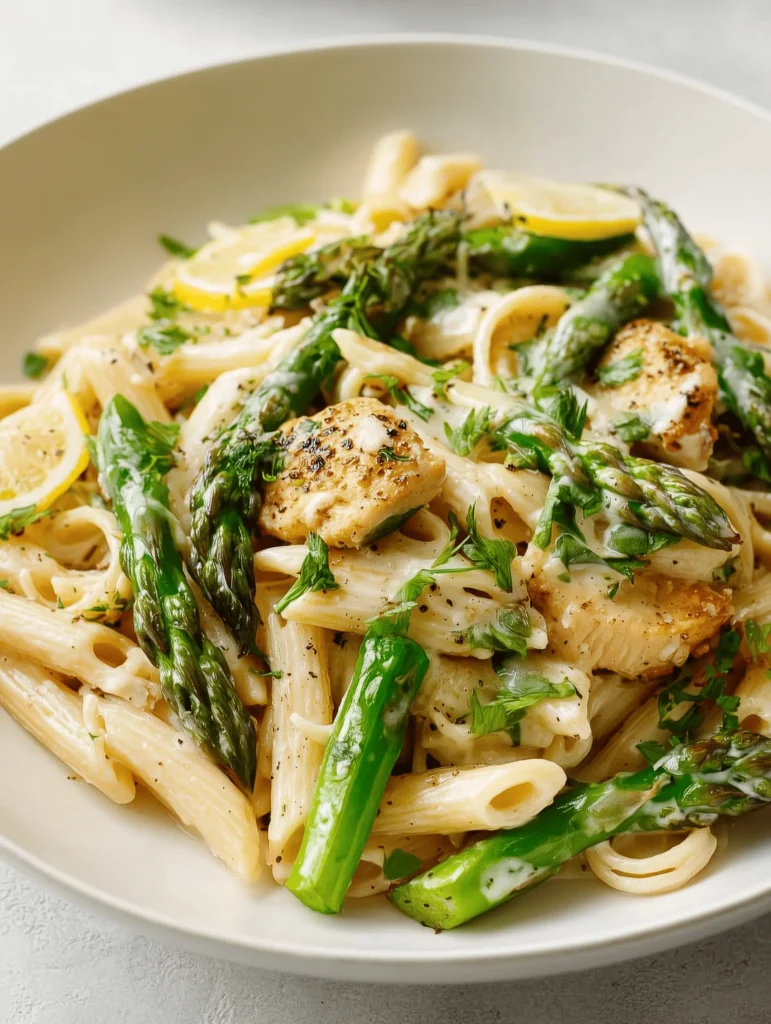 Creamy Chicken Asparagus Pasta with fresh vegetables, perfect for a quick weeknight meal.