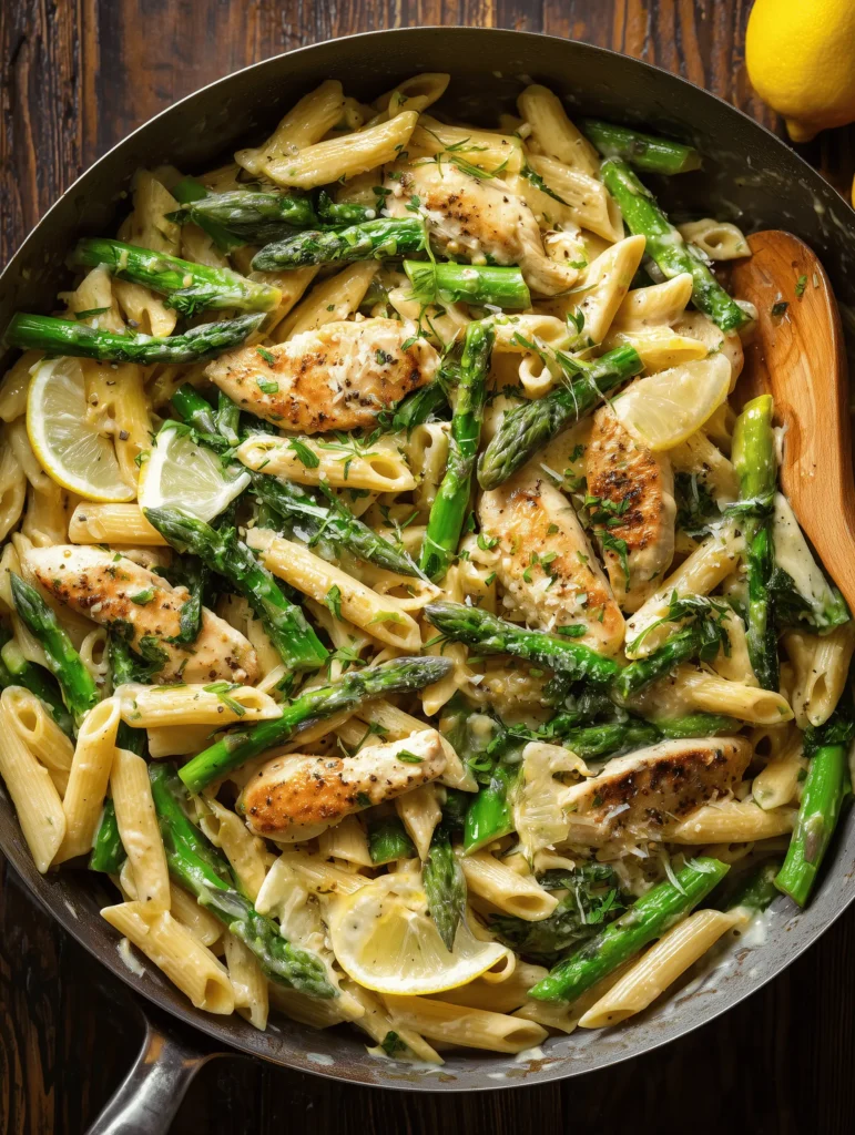 Creamy Lemon Chicken Asparagus Pasta in a Skillet with fresh vegetables, perfect for a quick weeknight meal.