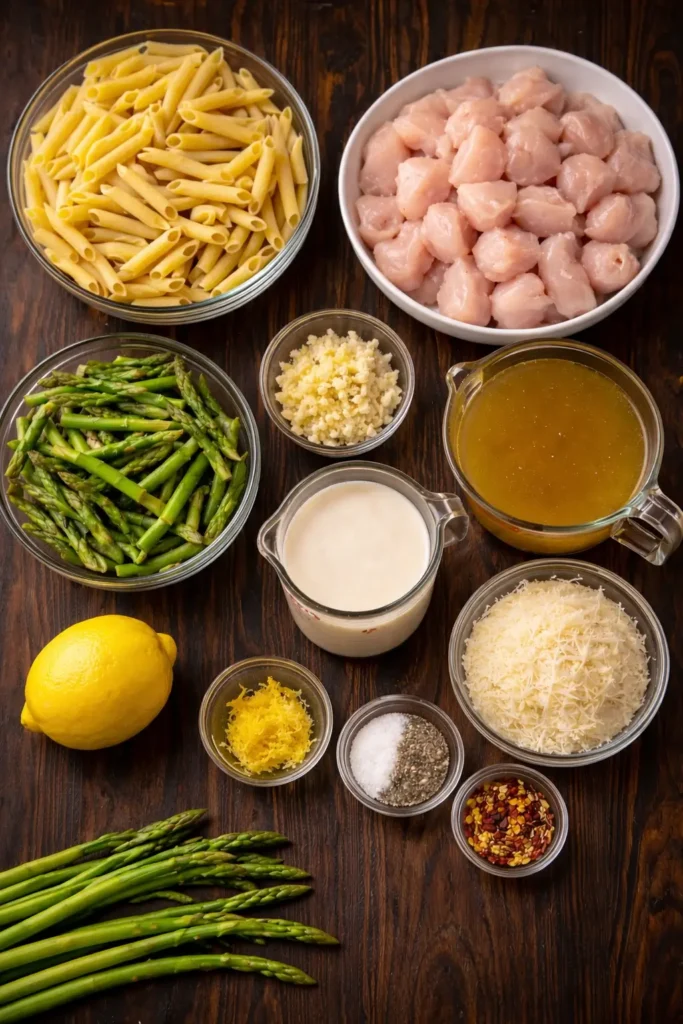 Creamy Lemon Chicken Asparagus Pasta in a Skillet with fresh vegetables, perfect for a quick weeknight meal.