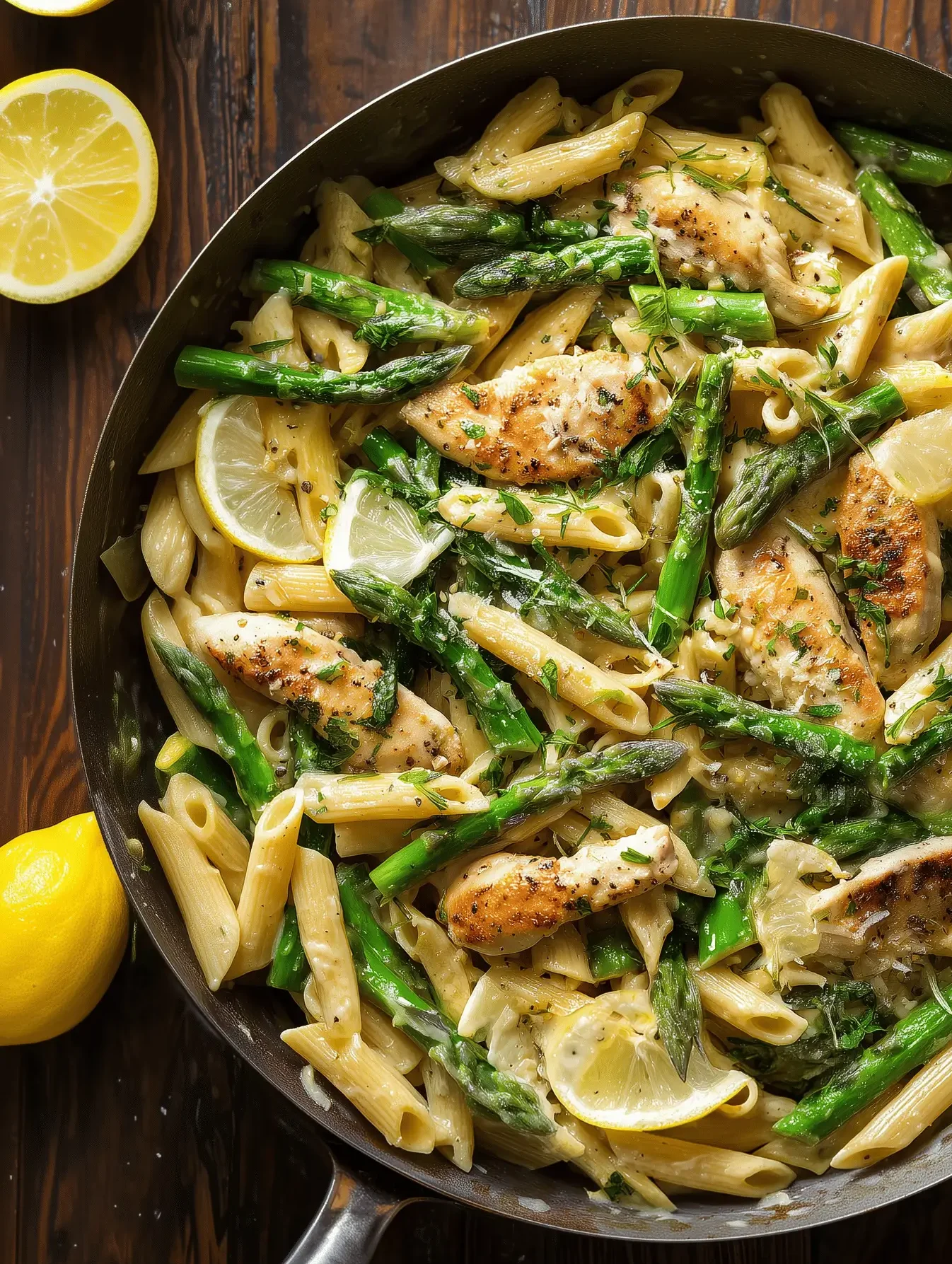 Creamy Lemon Chicken Asparagus Pasta in a Skillet with fresh vegetables, perfect for a quick weeknight meal.