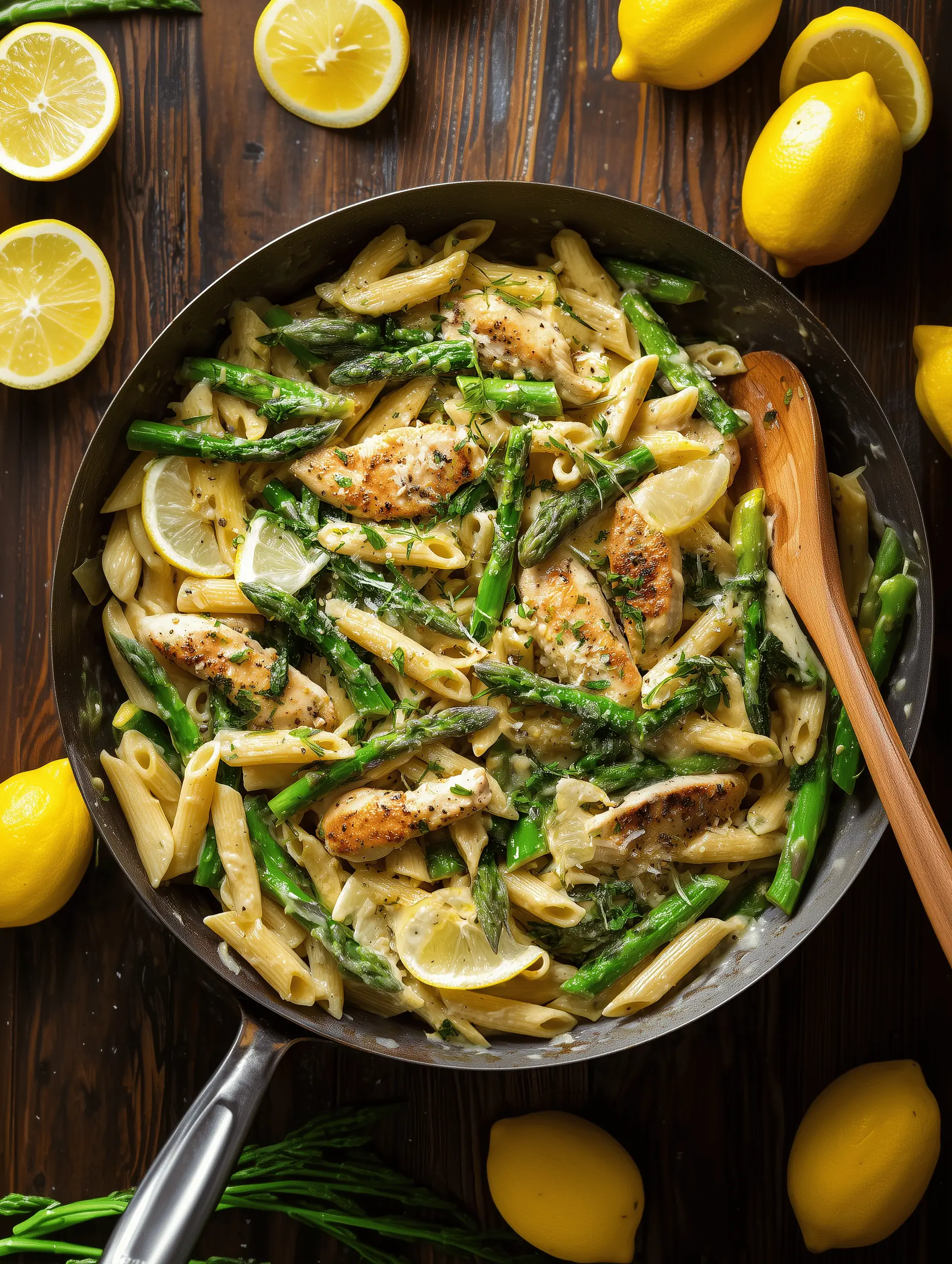 Creamy Lemon Chicken Asparagus Pasta in a Skillet with fresh vegetables, perfect for a quick weeknight meal.