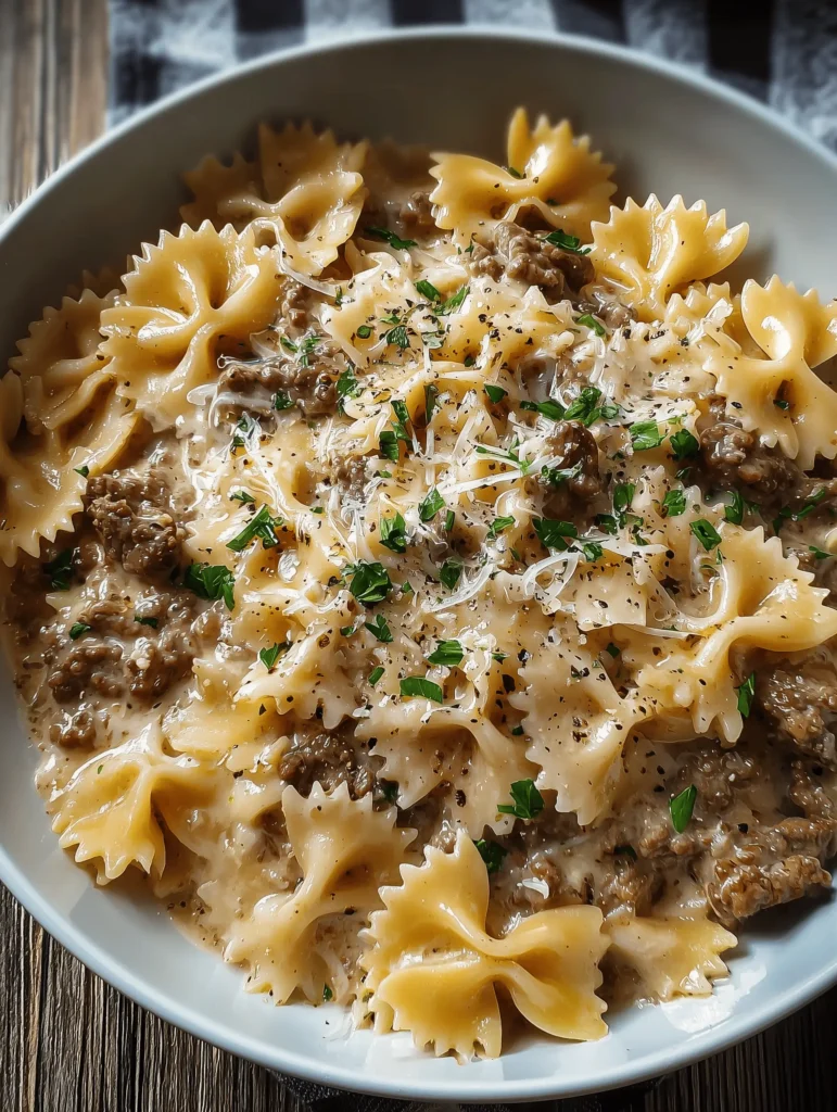 Creamy Parmesan Garlic Beef Bowtie Pasta with ground beef and garlic sauce