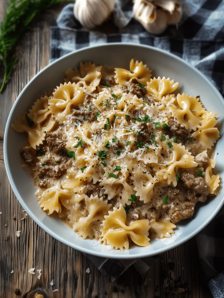 Creamy Parmesan Garlic Beef Bowtie Pasta with ground beef and garlic sauce