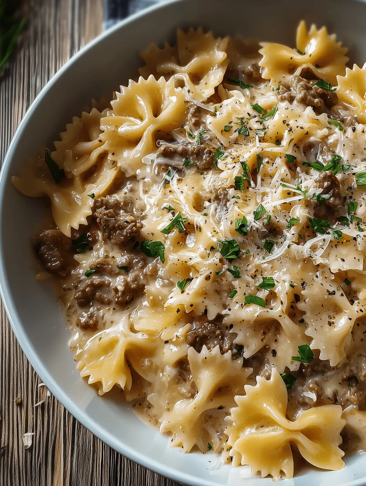 Creamy Parmesan Garlic Beef Bowtie Pasta with ground beef and garlic sauce