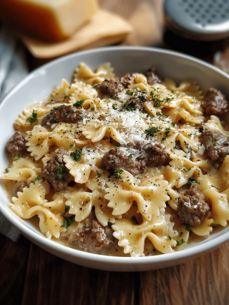Creamy Parmesan Garlic Beef Bowtie Pasta with ground beef and garlic sauce