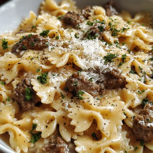 Creamy Parmesan Garlic Beef Bowtie Pasta with ground beef and garlic sauce