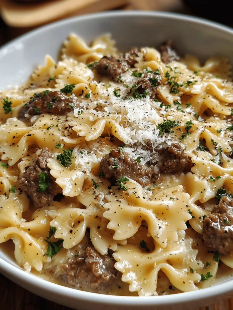 Creamy Parmesan Garlic Beef Bowtie Pasta with ground beef and garlic sauce