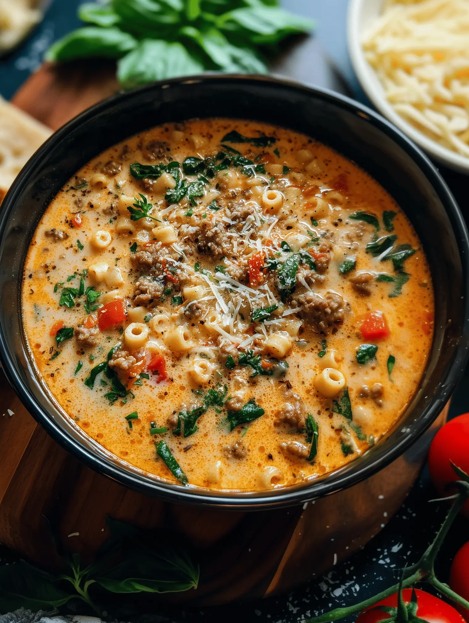 Bowl of Creamy Parmesan Italian Sausage Ditalini Soup with pasta and herbs