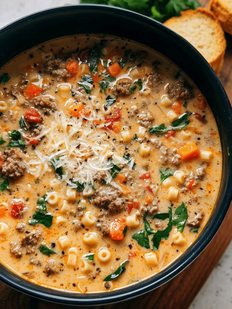 Bowl of Creamy Parmesan Italian Sausage Ditalini Soup with pasta and herbs