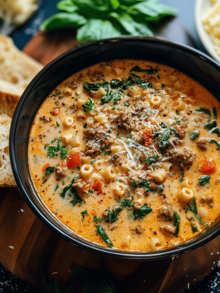 Bowl of Creamy Parmesan Italian Sausage Ditalini Soup with pasta and herbs