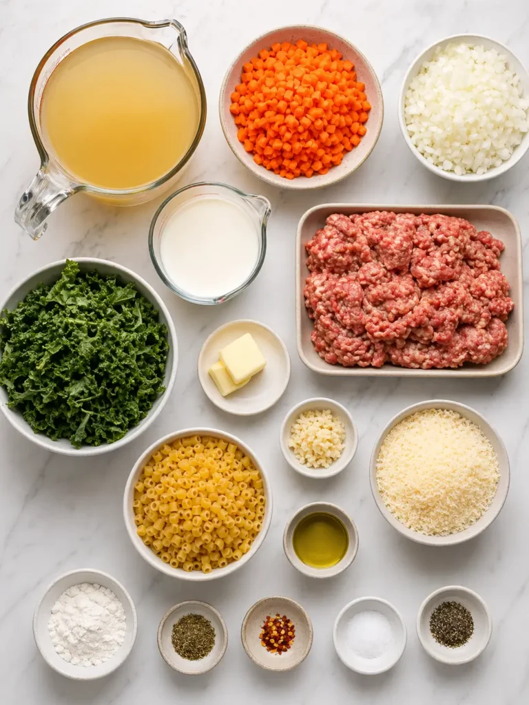 Bowl of Creamy Parmesan Italian Sausage Ditalini Soup with pasta and herbs